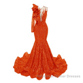 Orange Mermaid One Sleeve Semi Formal Prom Dresses Sequined Lace Jewel Ruffles Evening Party Dresses with Appliques